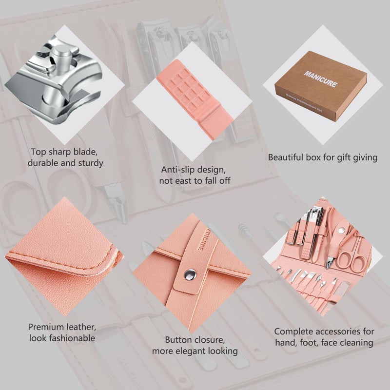 Leipple Manicure Set Professional Nail Clippers Pedicure Kit, 16 pcs Stainless Steel Nail Care Tools Grooming Kit with Luxurious Travel Leather Case for Thick Nails Men Women Gift (Pink) - Image 5